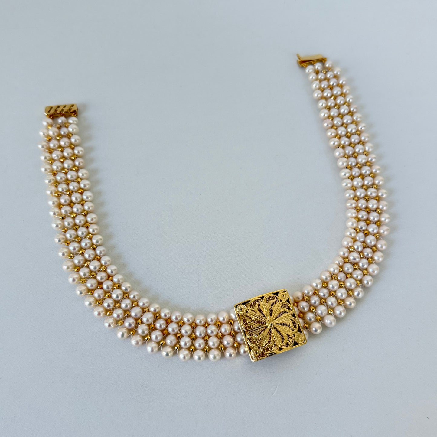One Of A Kind Pearl & Faceted Gold Bead Choker with Vintage Filigree Centerpiece