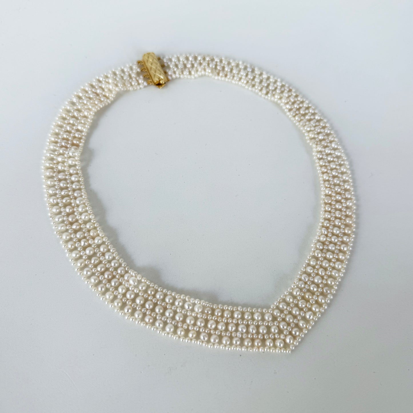 Pearl Woven Bridal V Necklace with Solid 14k Gold Clasp