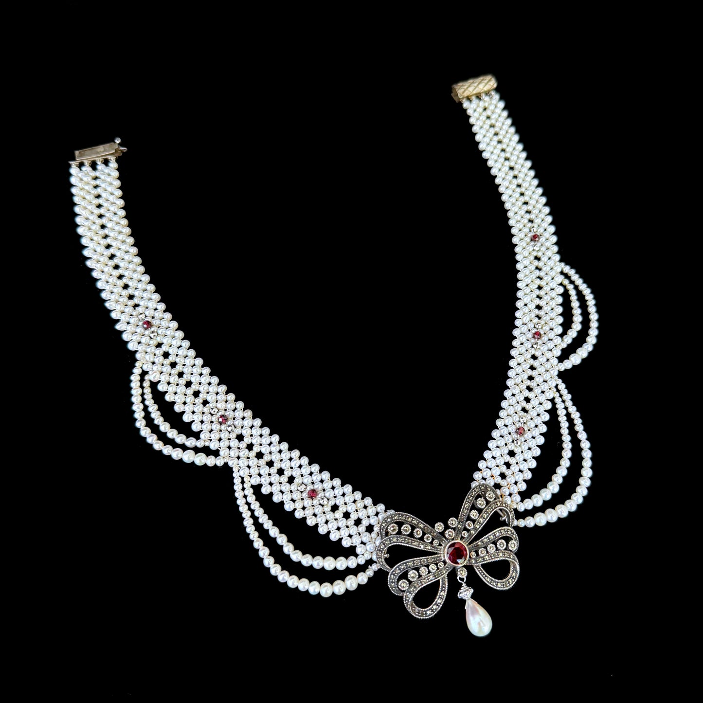 Woven Pearl Necklace with Sterling Silver Vintage Brooch with Garnet