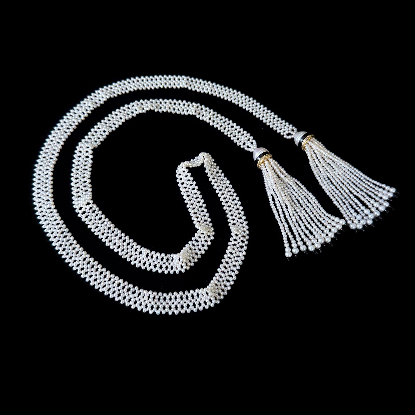 Pearl Woven Lariat Sautoir With Gold & Diamonds