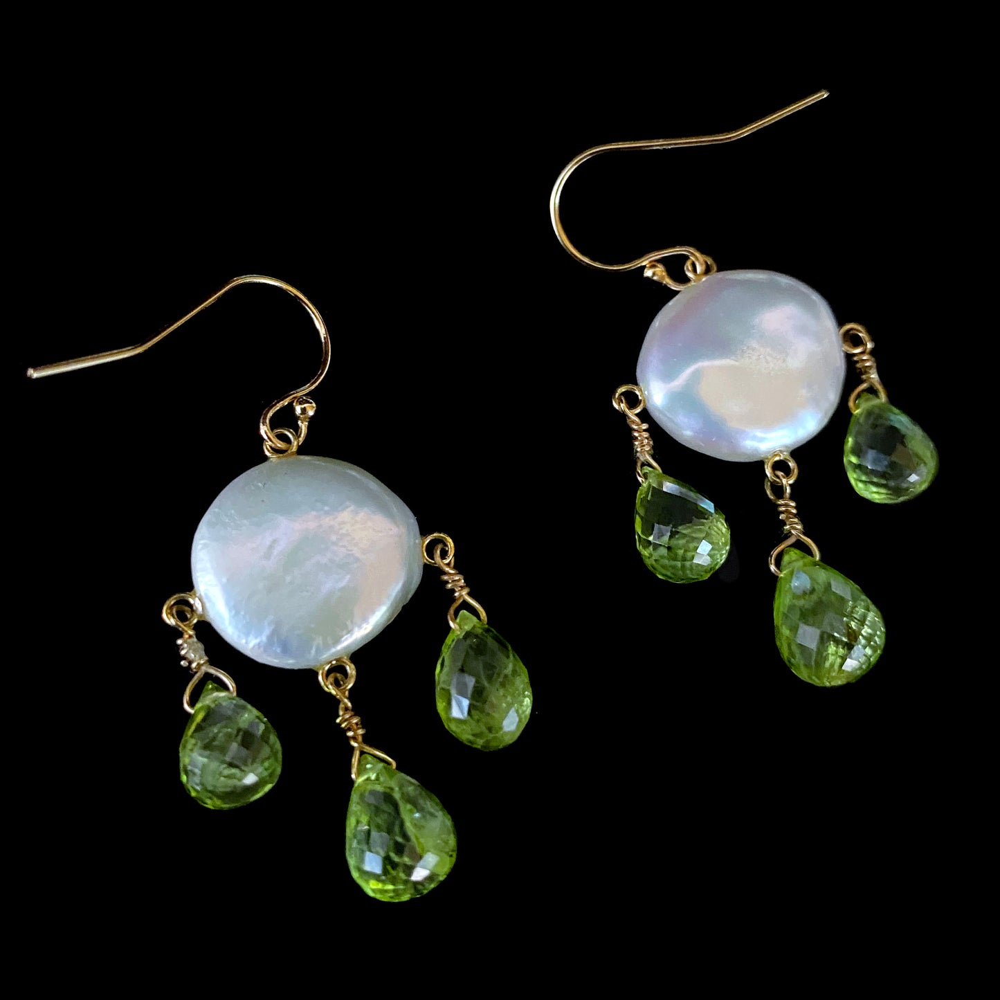 Coin Pearl & Peridot Chandelier Earrings with 14k Yellow Gold