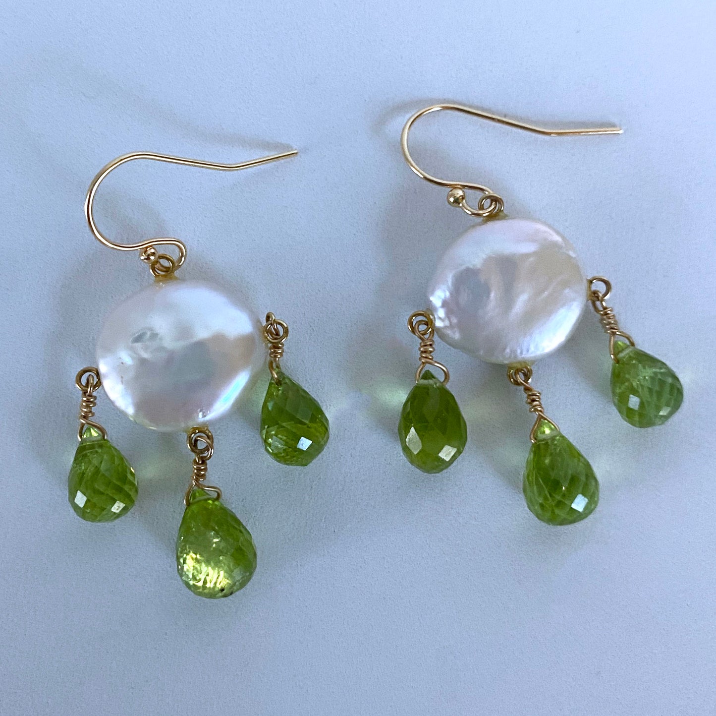 Coin Pearl & Peridot Chandelier Earrings with 14k Yellow Gold