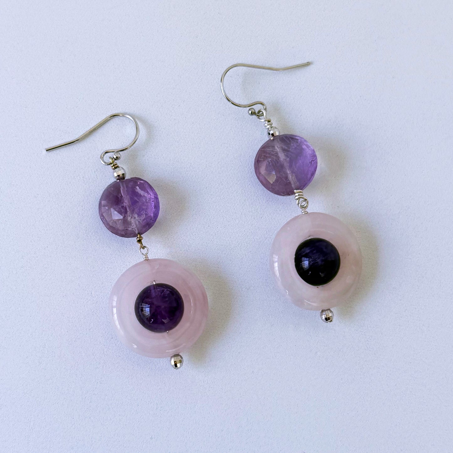 Amethyst, Rose Quartz & 14k White Gold Earrings