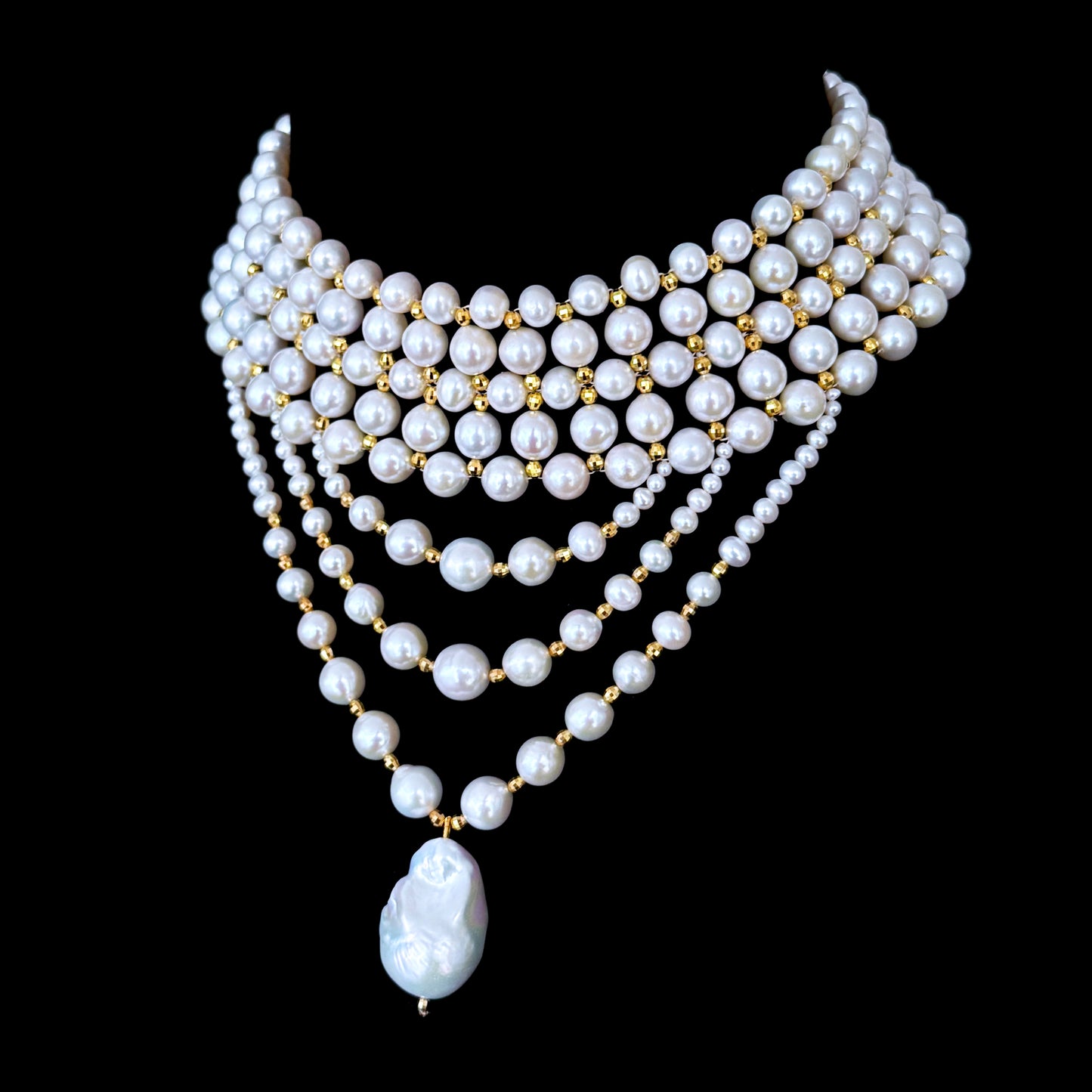 Draped Pearl Choker with Faceted Gold Plated Beads & Clasp
