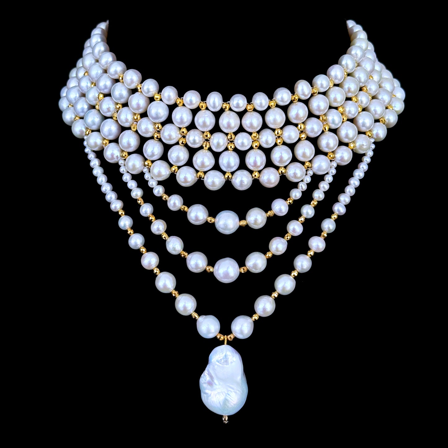 Draped Pearl Choker with Faceted Gold Plated Beads & Clasp