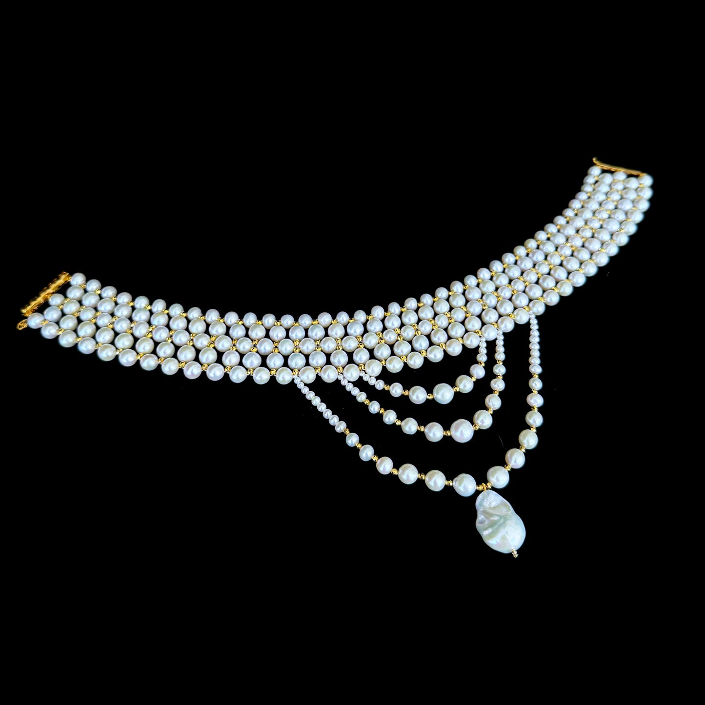 Draped Pearl Choker with Faceted Gold Plated Beads & Clasp
