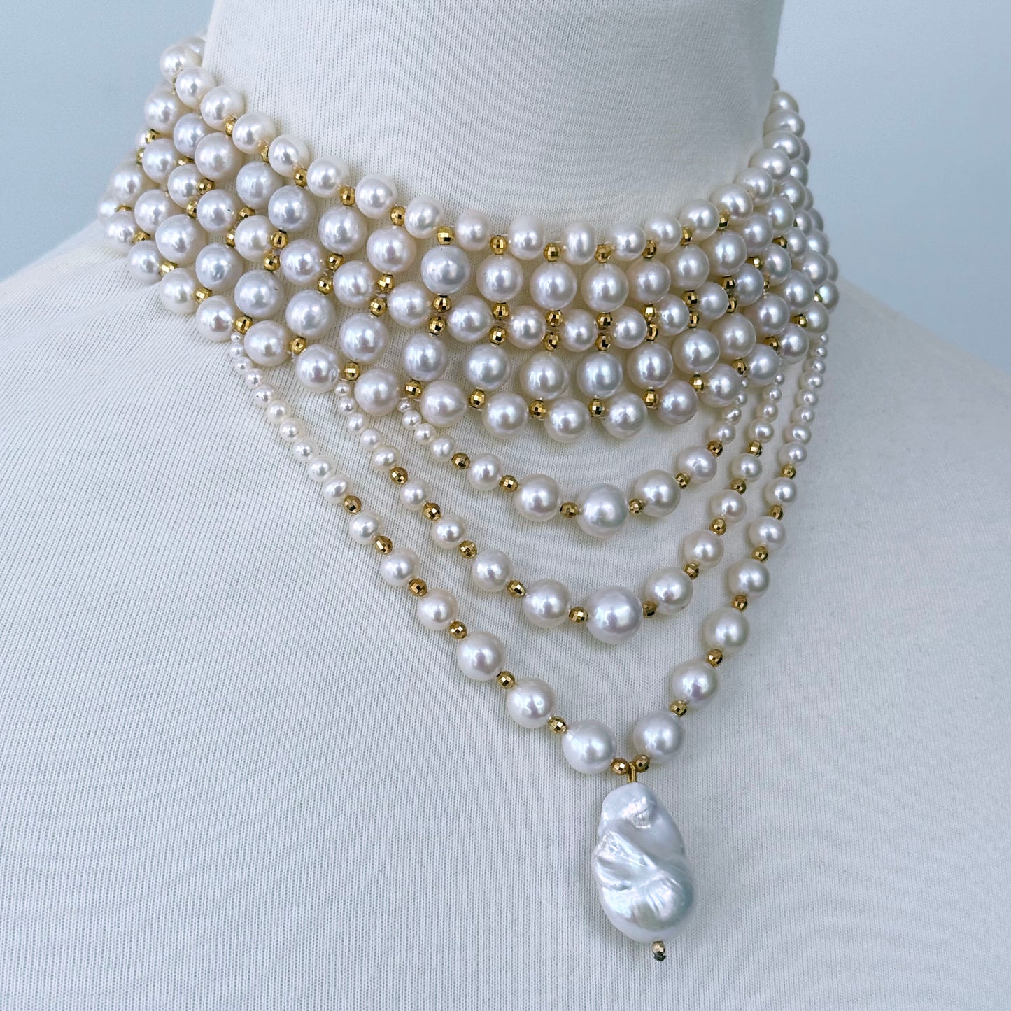 Draped Pearl Choker with Faceted Gold Plated Beads & Clasp