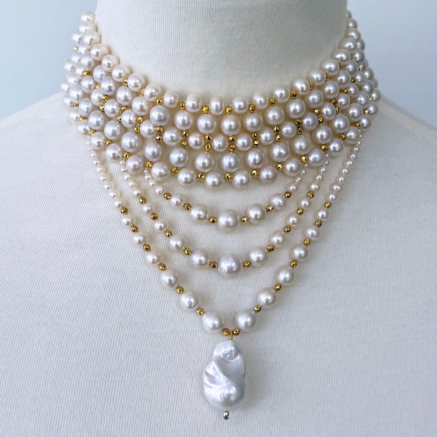 Draped Pearl Choker with Faceted Gold Plated Beads & Clasp