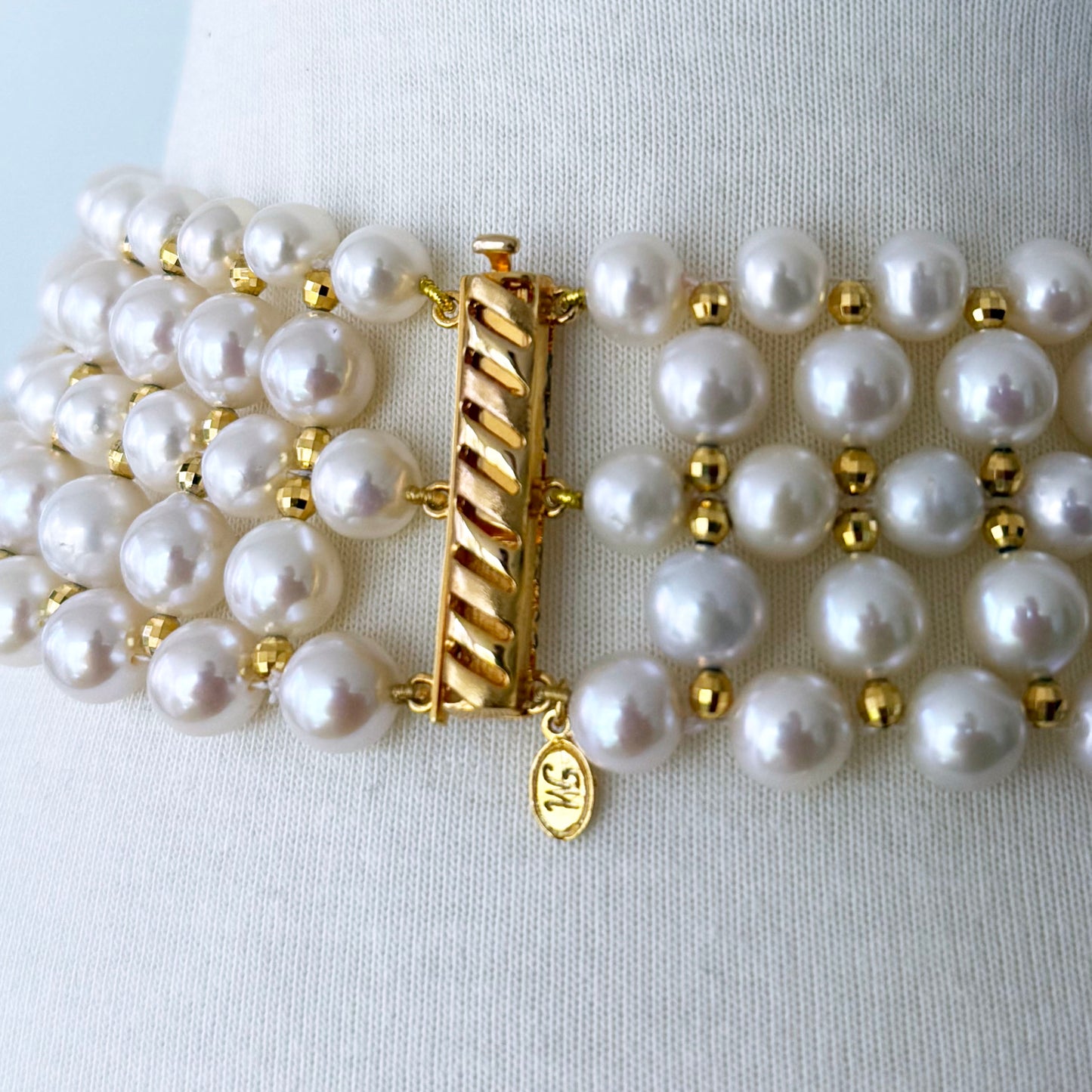 Draped Pearl Choker with Faceted Gold Plated Beads & Clasp