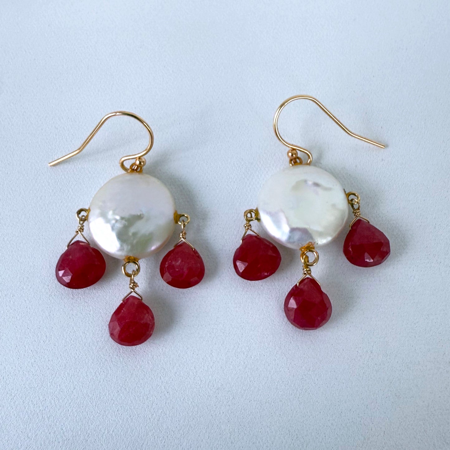 Ruby, Coin Pearl & Solid 14k Yellow Gold Chandelier Earrings
