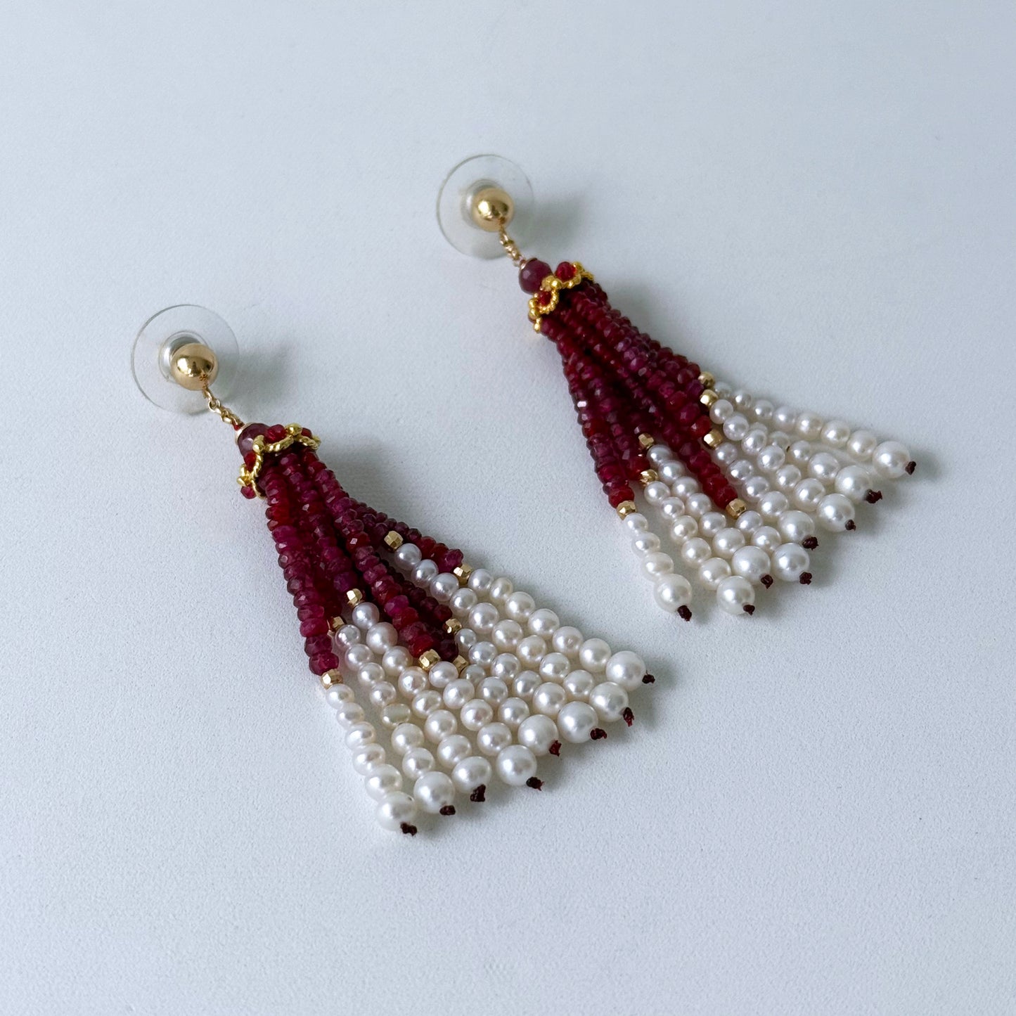 Ruby, Pearl & 14k Graduated Tassel Earrings