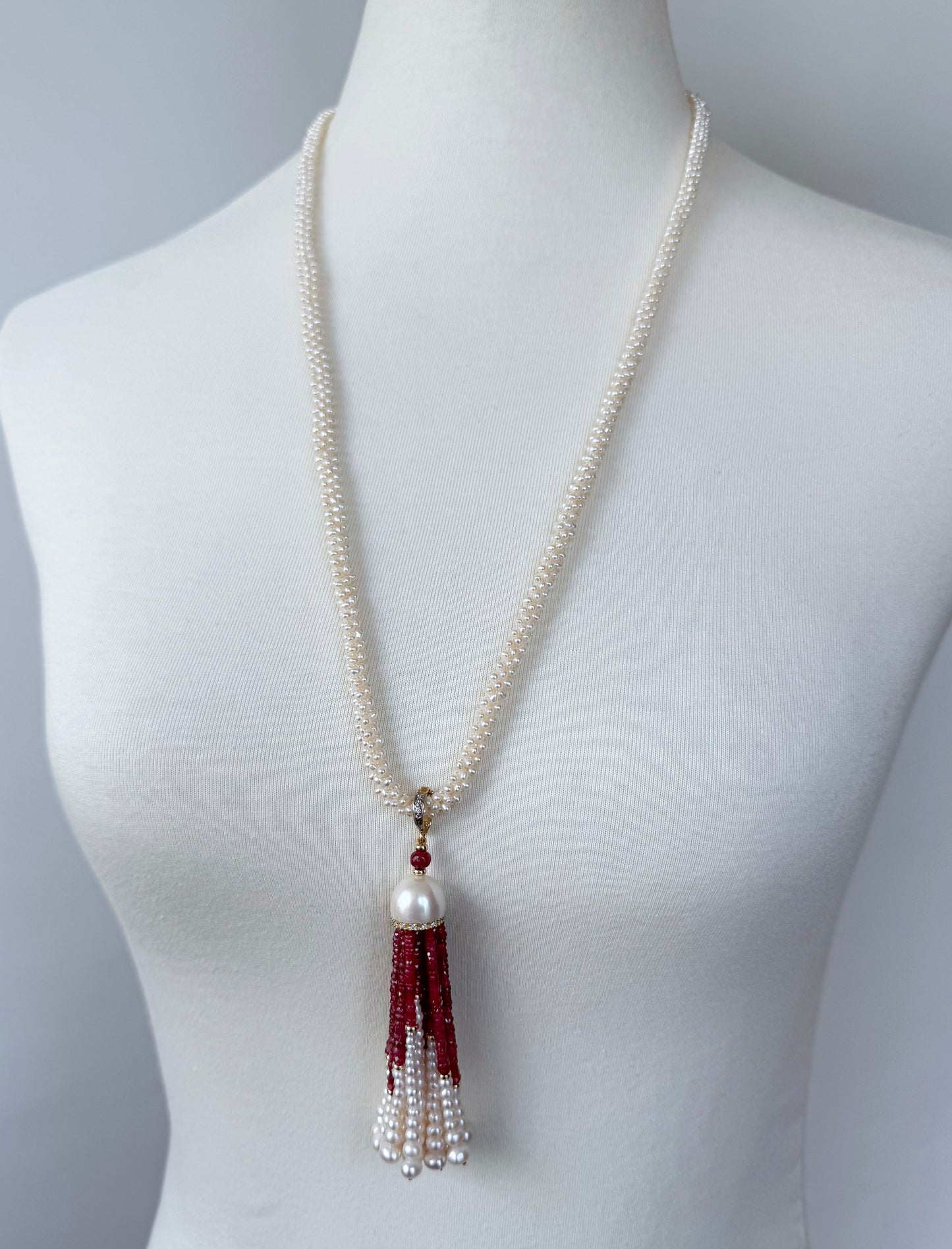 Woven Pearl Rope Sautoir with Ruby, Diamond & Solid 14k Yellow Gold Tassel