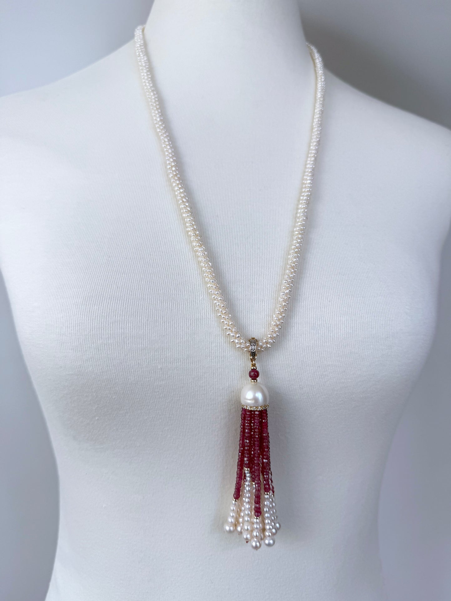 Woven Pearl Rope Sautoir with Ruby, Diamond & Solid 14k Yellow Gold Tassel