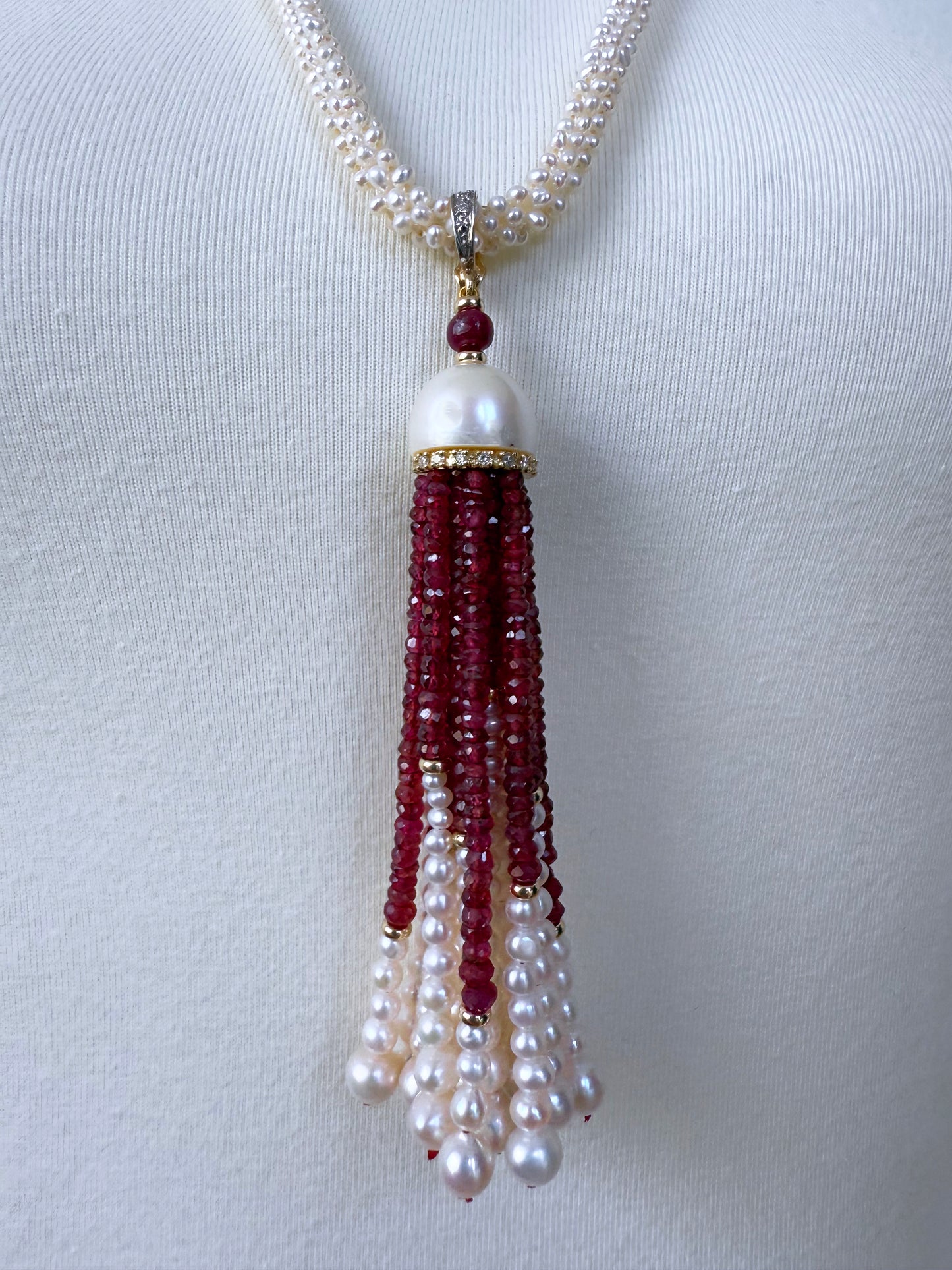 Woven Pearl Rope Sautoir with Ruby, Diamond & Solid 14k Yellow Gold Tassel