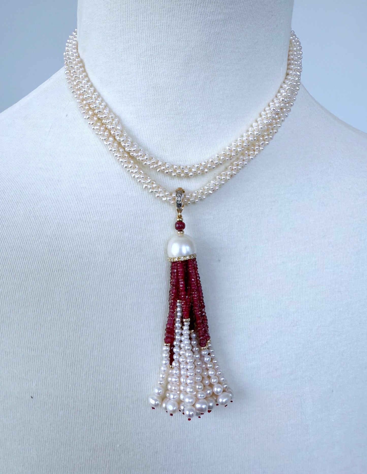 Woven Pearl Rope Sautoir with Ruby, Diamond & Solid 14k Yellow Gold Tassel