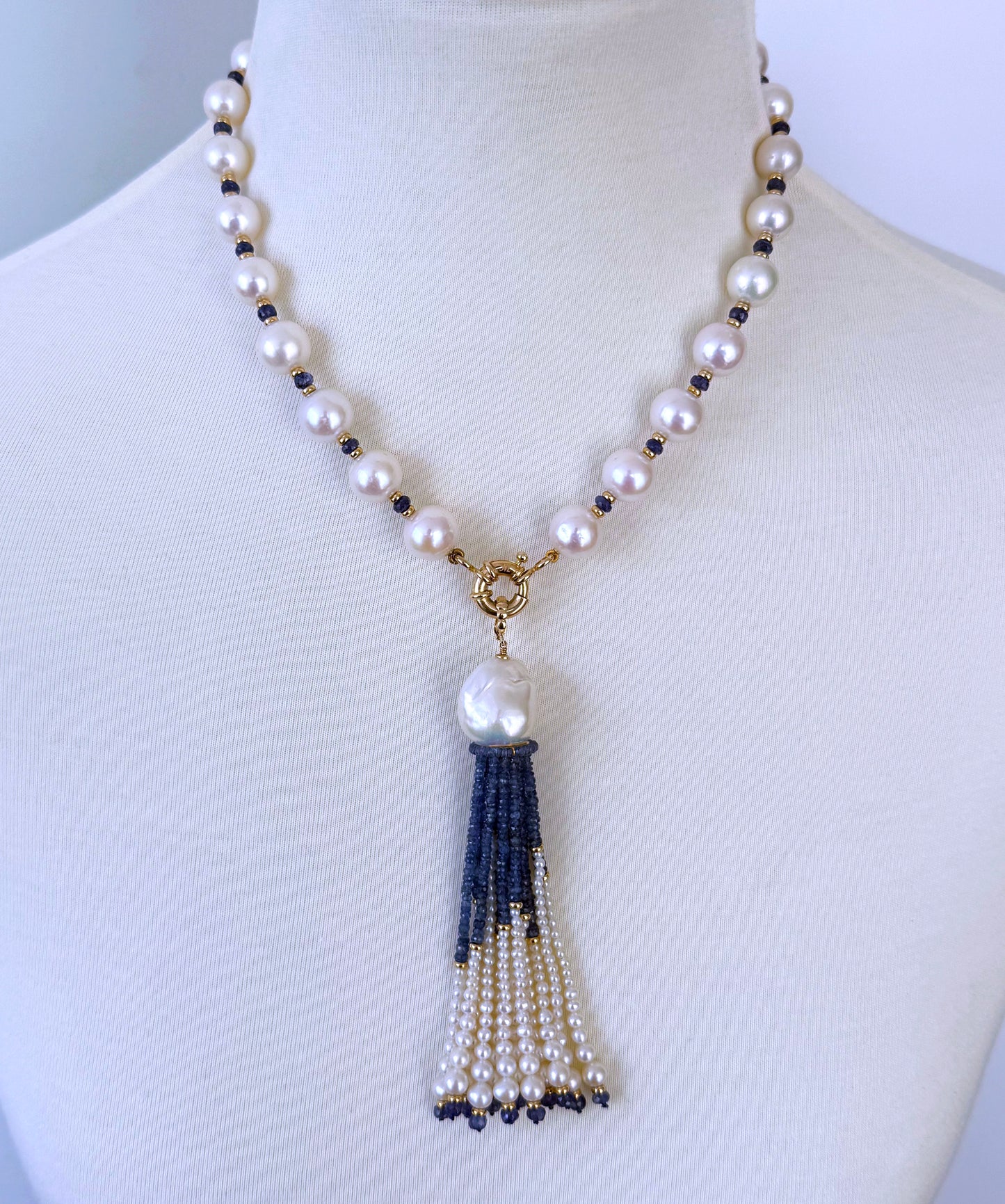 Graduated Pearl, Blues Sapphire & Solid 14k Yellow Gold Tassel Necklace