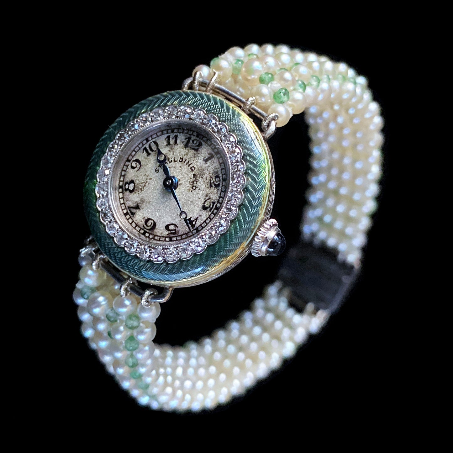 Antique Platinum Edwardian Diamond Encrusted Bracelet with Pearl & Enamel