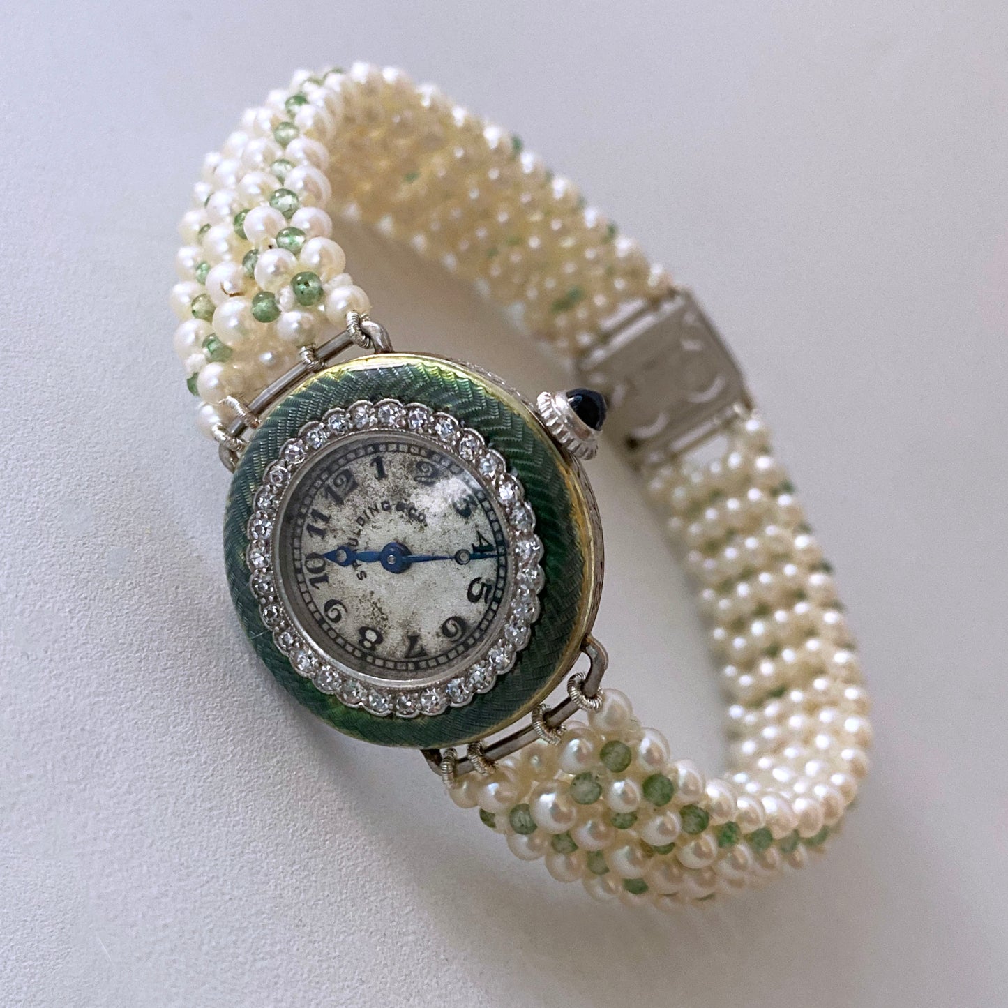 Antique Platinum Edwardian Diamond Encrusted Bracelet with Pearl & Enamel