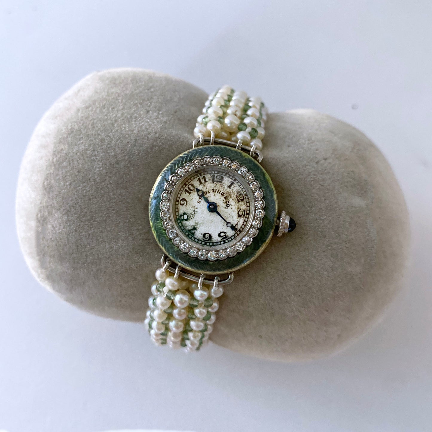 Antique Platinum Edwardian Diamond Encrusted Bracelet with Pearl & Enamel