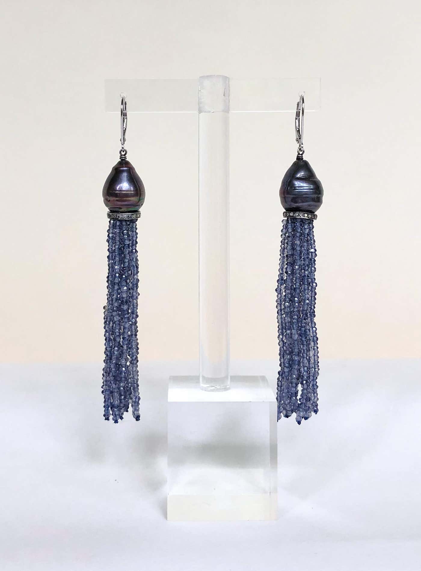 Baroque Black Pearl & Iolite Bead Tassel Earrings with Silver and Gold