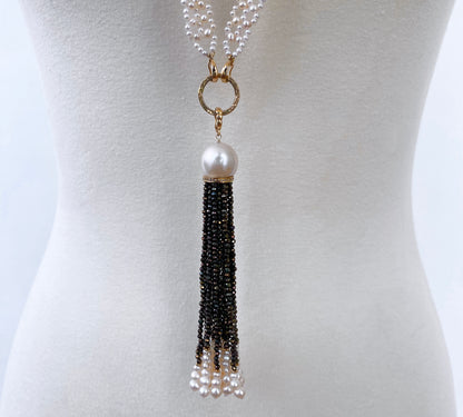 Lace Woven Pearl Sautoir with Dramatic removable Black Spinel Tassel