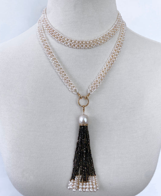Lace Woven Pearl Sautoir with Dramatic removable Black Spinel Tassel
