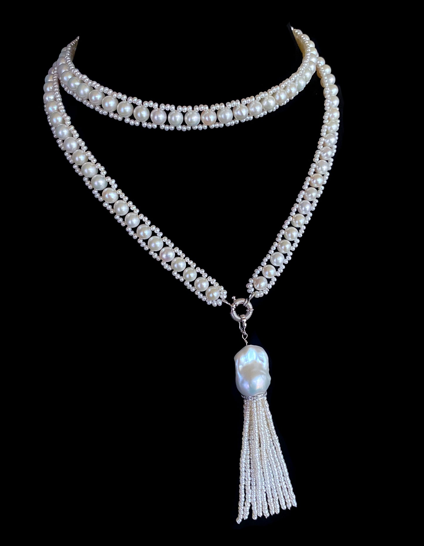 All Pearl Sautoir & Tassel with Diamond encruste solid 14k White Gold