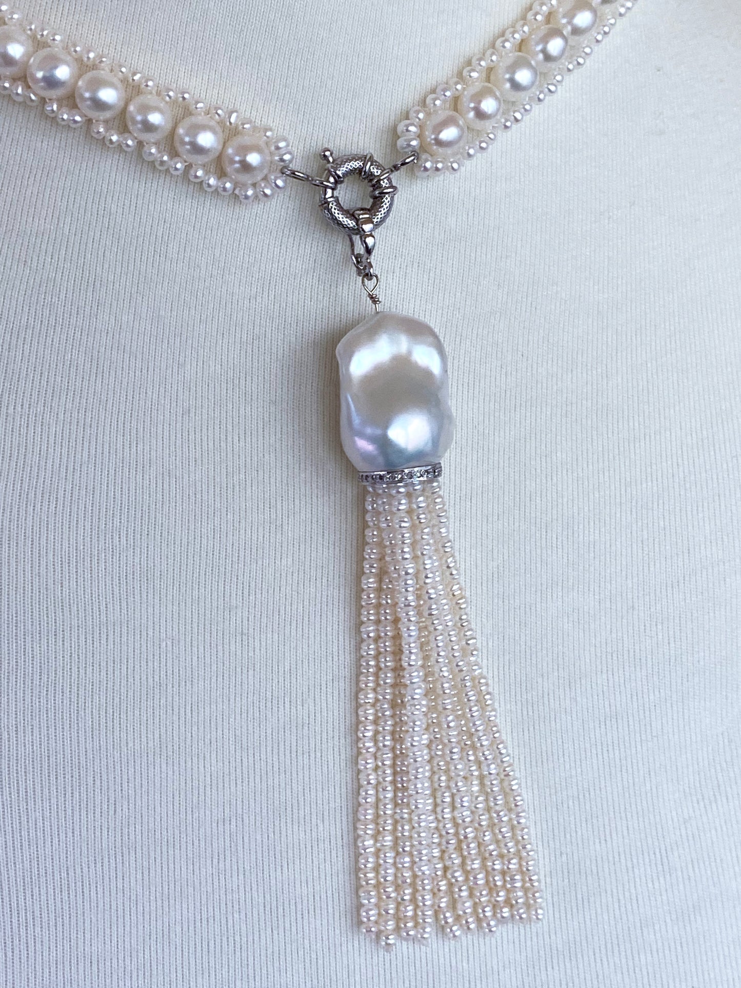 All Pearl Sautoir & Tassel with Diamond encruste solid 14k White Gold