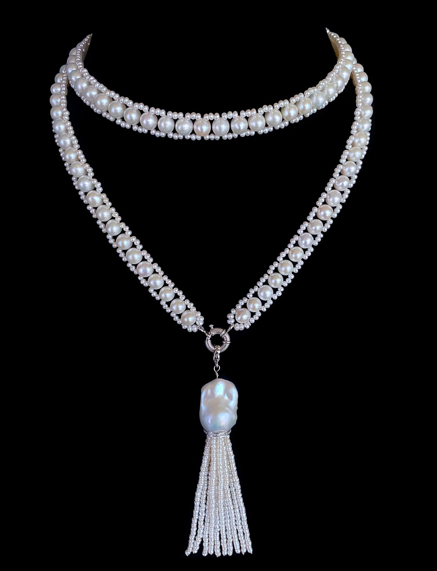 All Pearl Sautoir & Tassel with Diamond encruste solid 14k White Gold