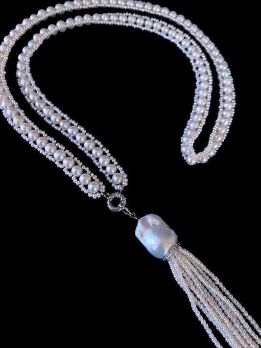 All Pearl Sautoir & Tassel with Diamond encruste solid 14k White Gold