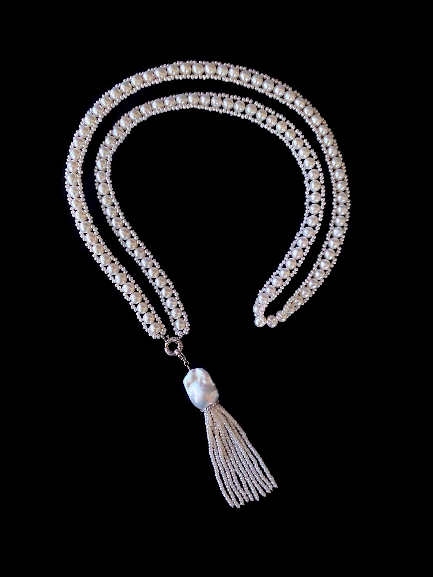 All Pearl Sautoir & Tassel with Diamond encruste solid 14k White Gold