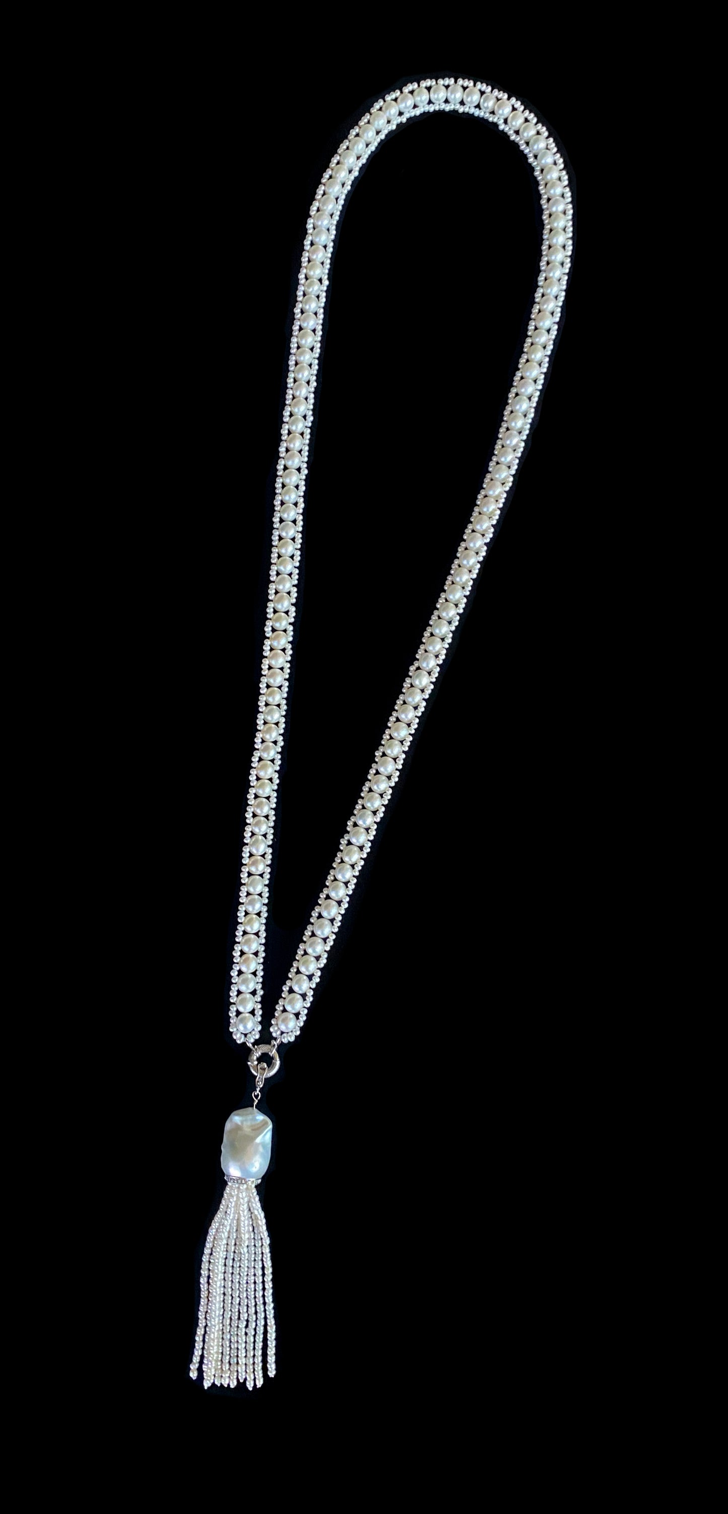 All Pearl Sautoir & Tassel with Diamond encruste solid 14k White Gold