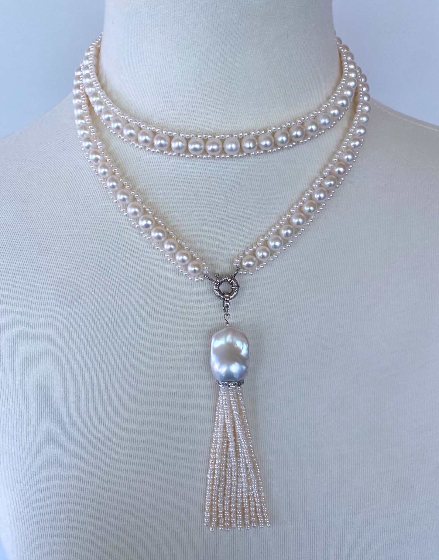 All Pearl Sautoir & Tassel with Diamond encruste solid 14k White Gold