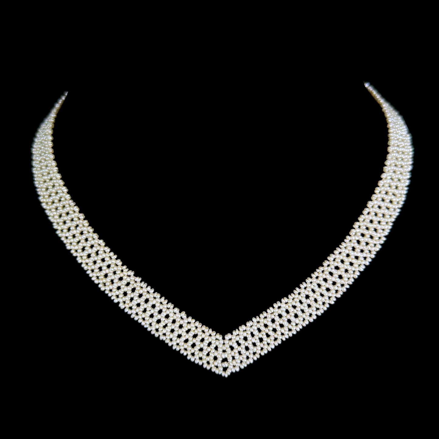 Seed Pearl Woven "V" Necklace With Solid 14k Yellow Gold Filigree Clasp