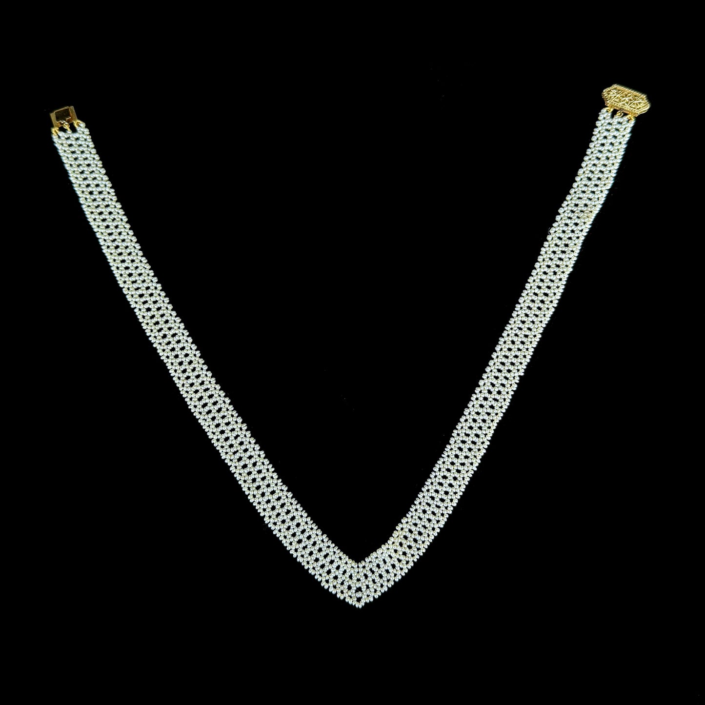 Seed Pearl Woven "V" Necklace With Solid 14k Yellow Gold Filigree Clasp