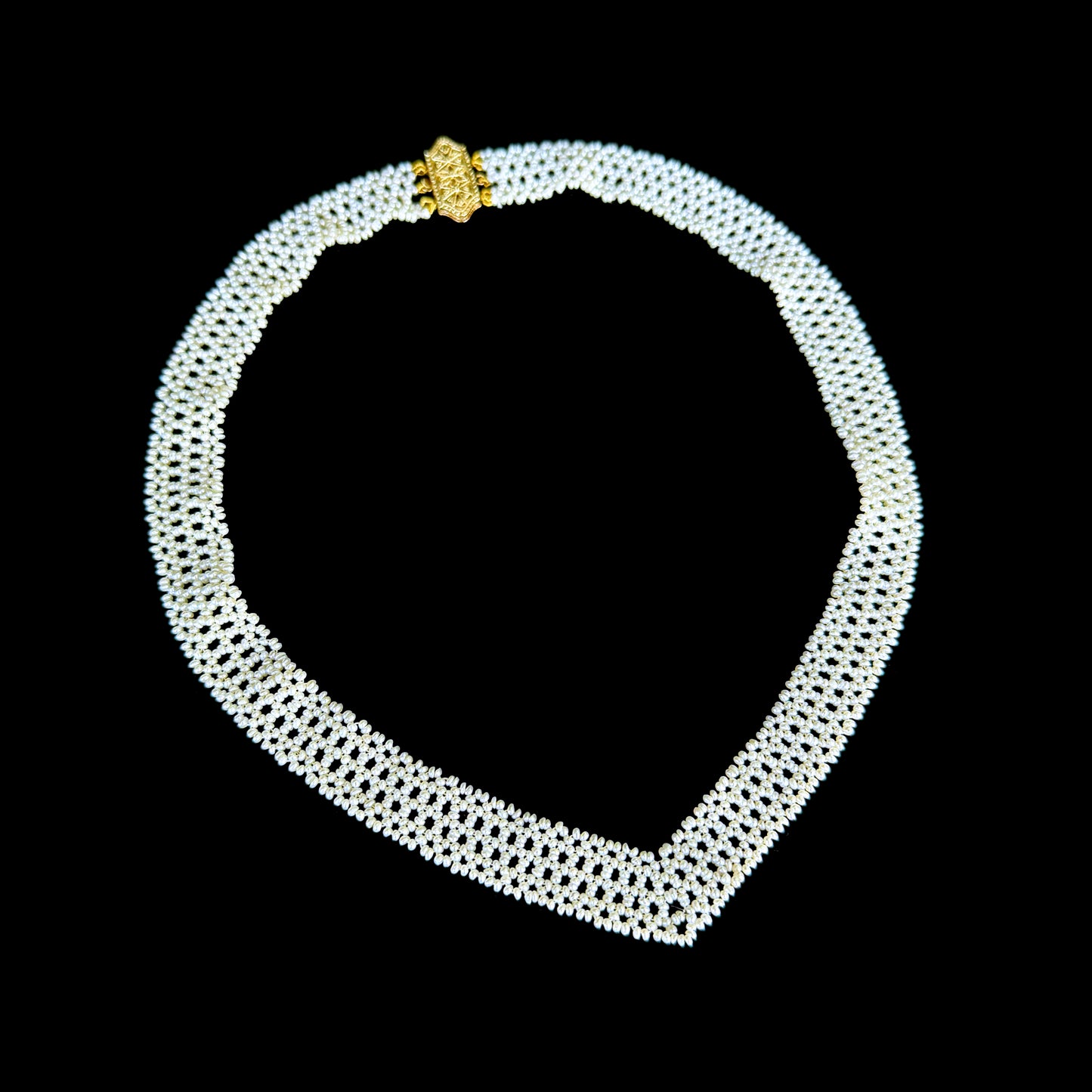 Seed Pearl Woven "V" Necklace With Solid 14k Yellow Gold Filigree Clasp