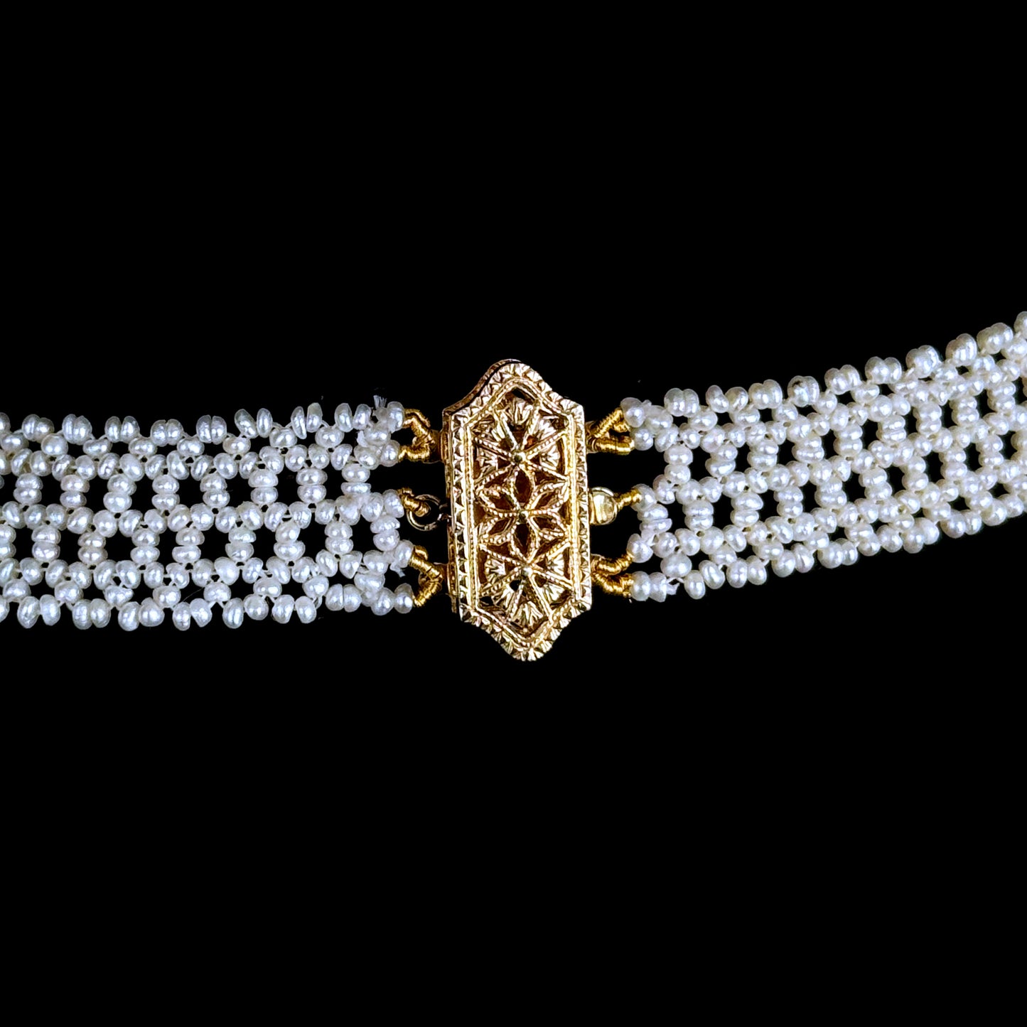 Seed Pearl Woven "V" Necklace With Solid 14k Yellow Gold Filigree Clasp