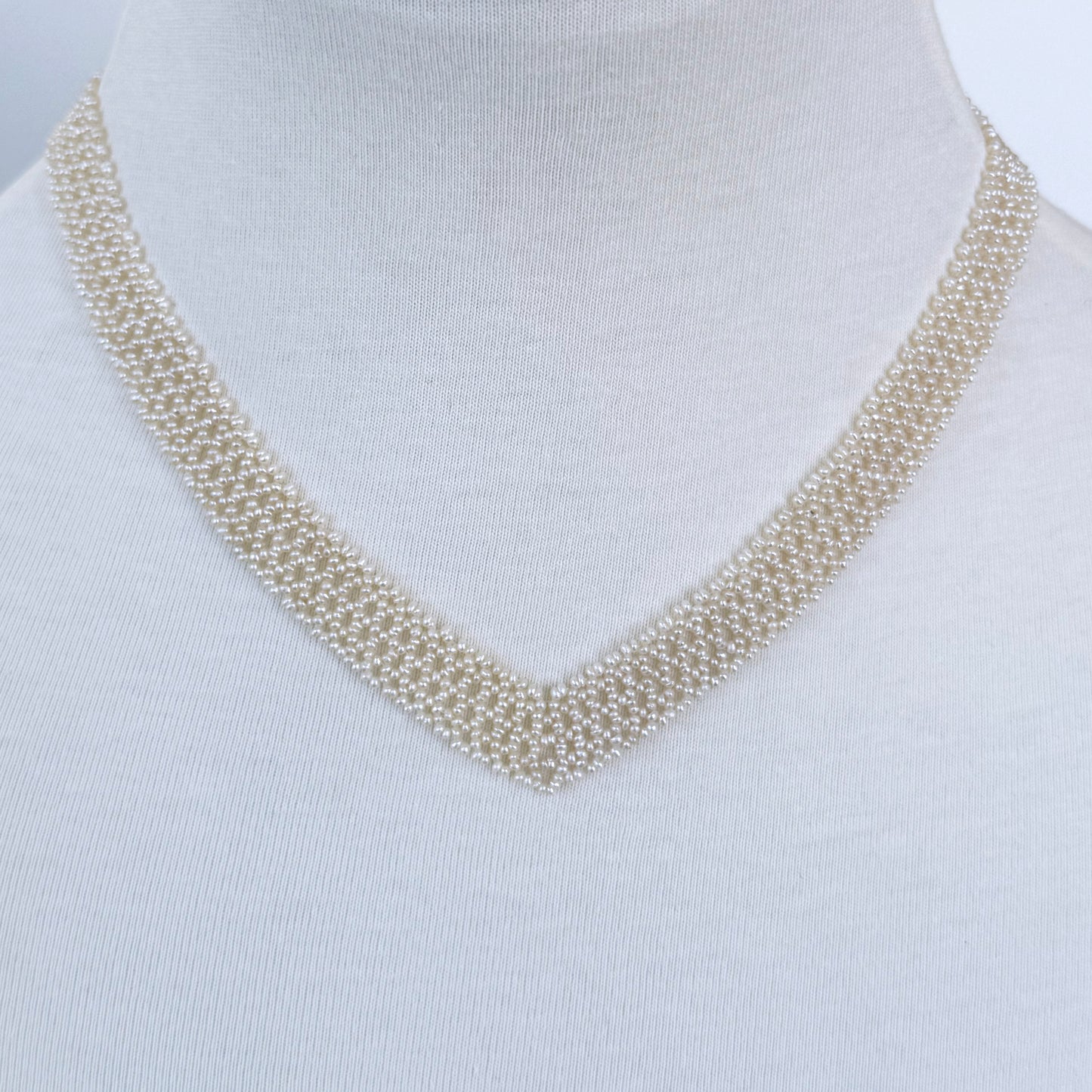 Seed Pearl Woven "V" Necklace With Solid 14k Yellow Gold Filigree Clasp