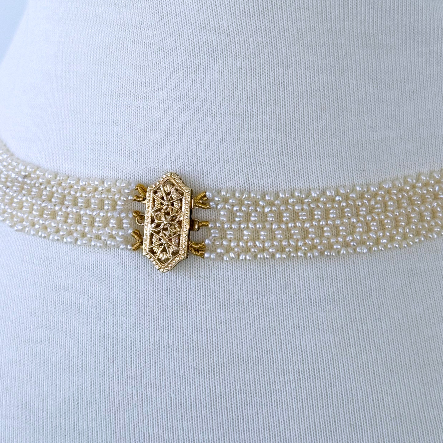 Seed Pearl Woven "V" Necklace With Solid 14k Yellow Gold Filigree Clasp