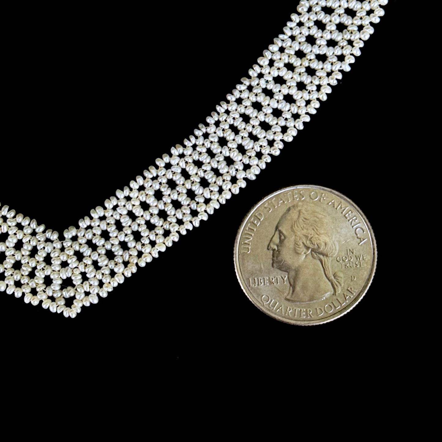 Seed Pearl Woven "V" Necklace With Solid 14k Yellow Gold Filigree Clasp