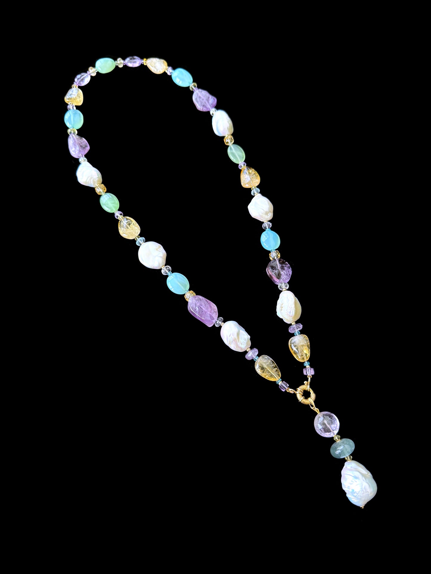 Amethyst, Citrine, Chalcedony & Baroque Pearl Sautoir with Solid 14k Yellow Gold