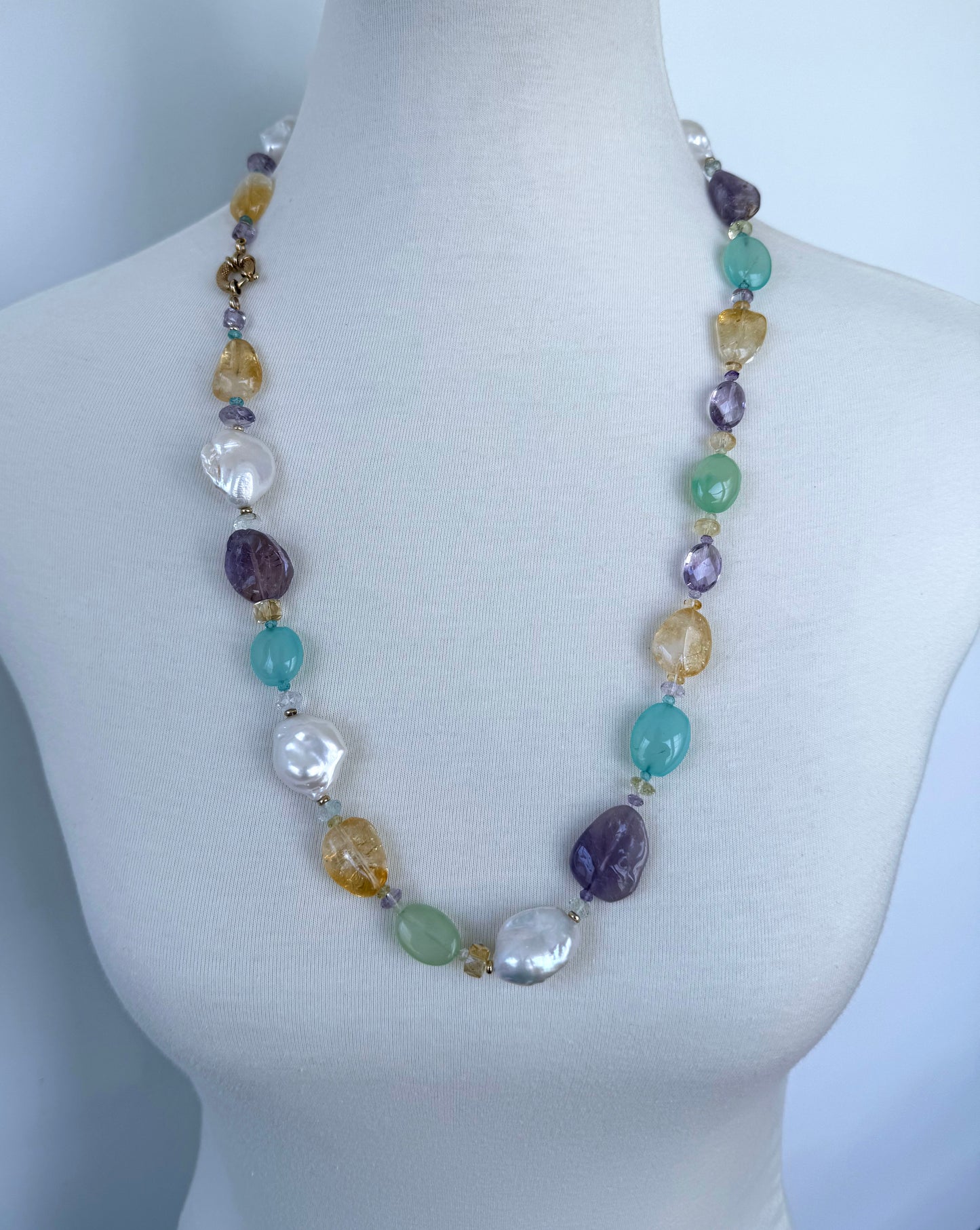 Amethyst, Citrine, Chalcedony & Baroque Pearl Sautoir with Solid 14k Yellow Gold