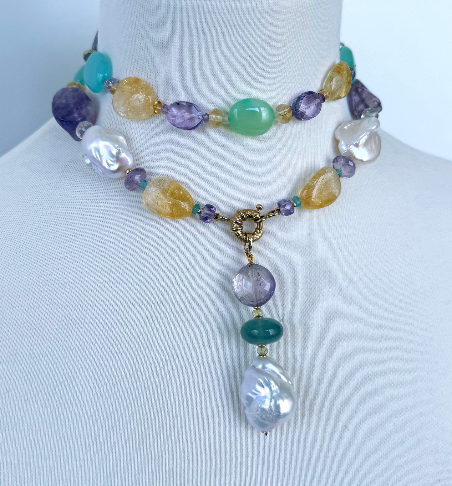 Amethyst, Citrine, Chalcedony & Baroque Pearl Sautoir with Solid 14k Yellow Gold
