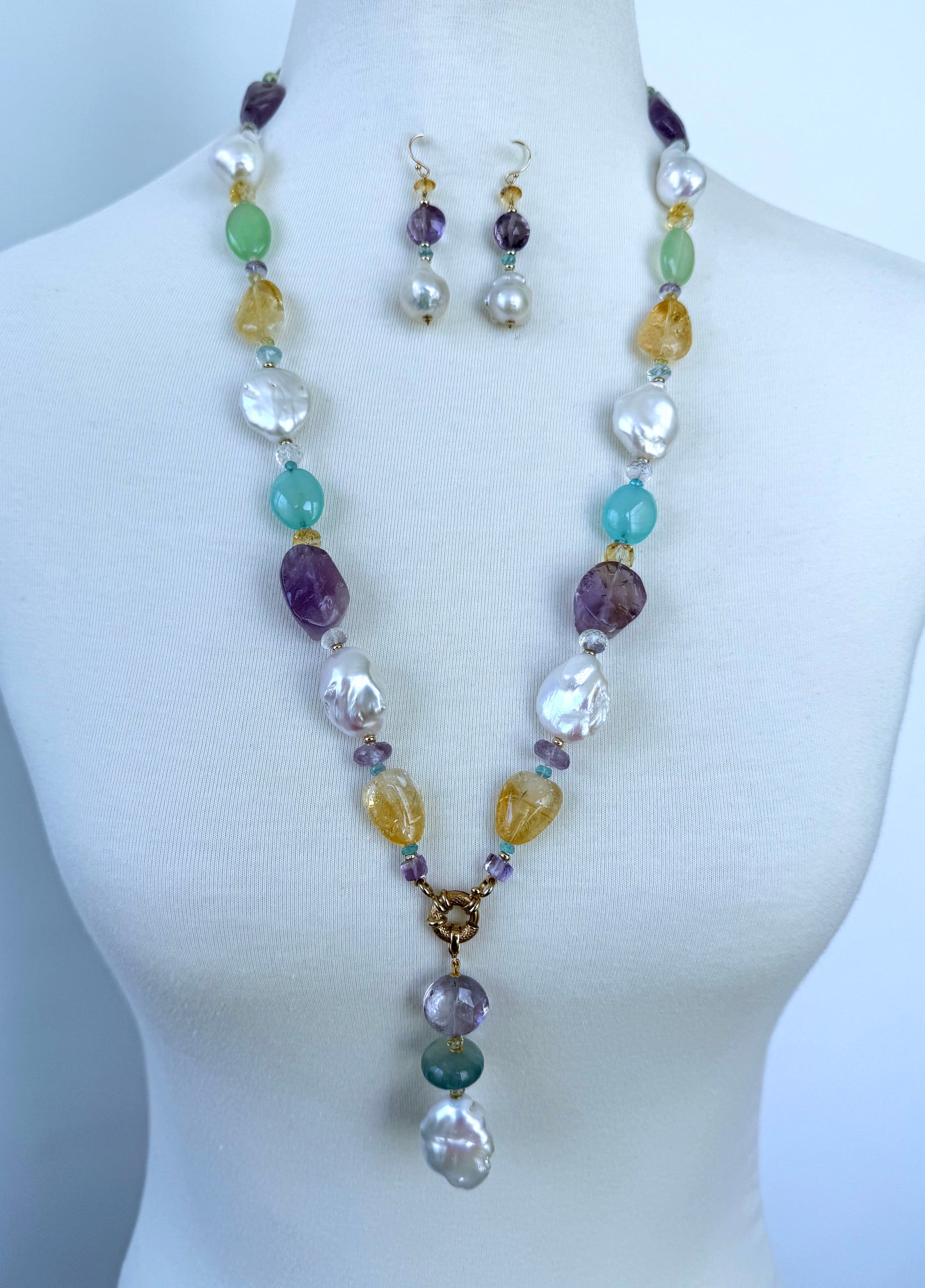 Amethyst, Citrine, Chalcedony & Baroque Pearl Sautoir with Solid 14k Yellow Gold