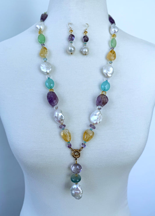 Amethyst, Citrine, Chalcedony & Baroque Pearl Sautoir with Solid 14k Yellow Gold
