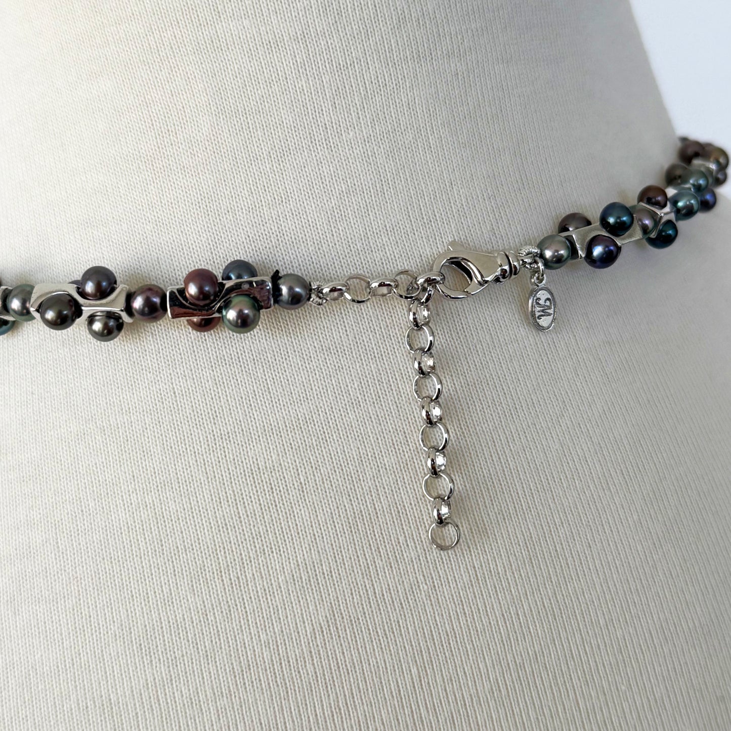 Men's Silver Rhodium Plated Geometric Black Pearl Necklace with Adjustable Clasp
