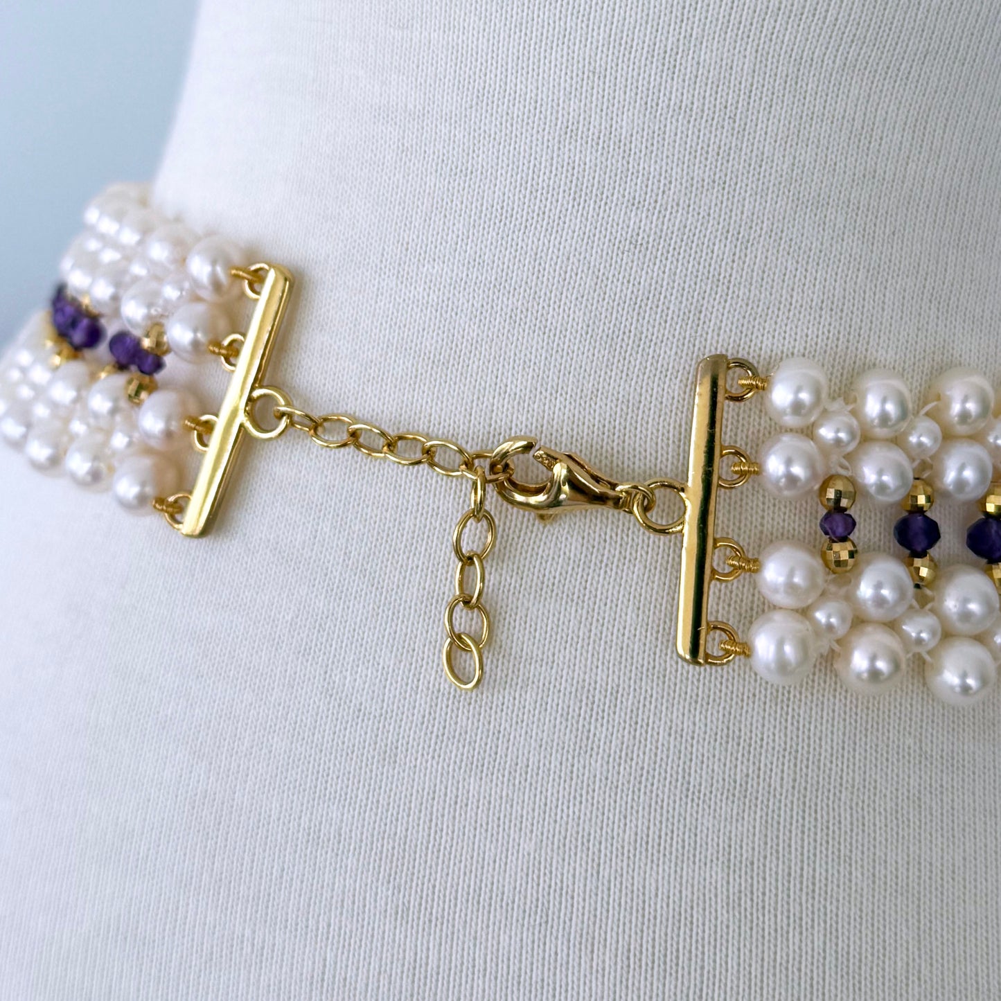Pearl, Amethyst & 18k Plated Silver Woven Necklace with Floral Centerpiece