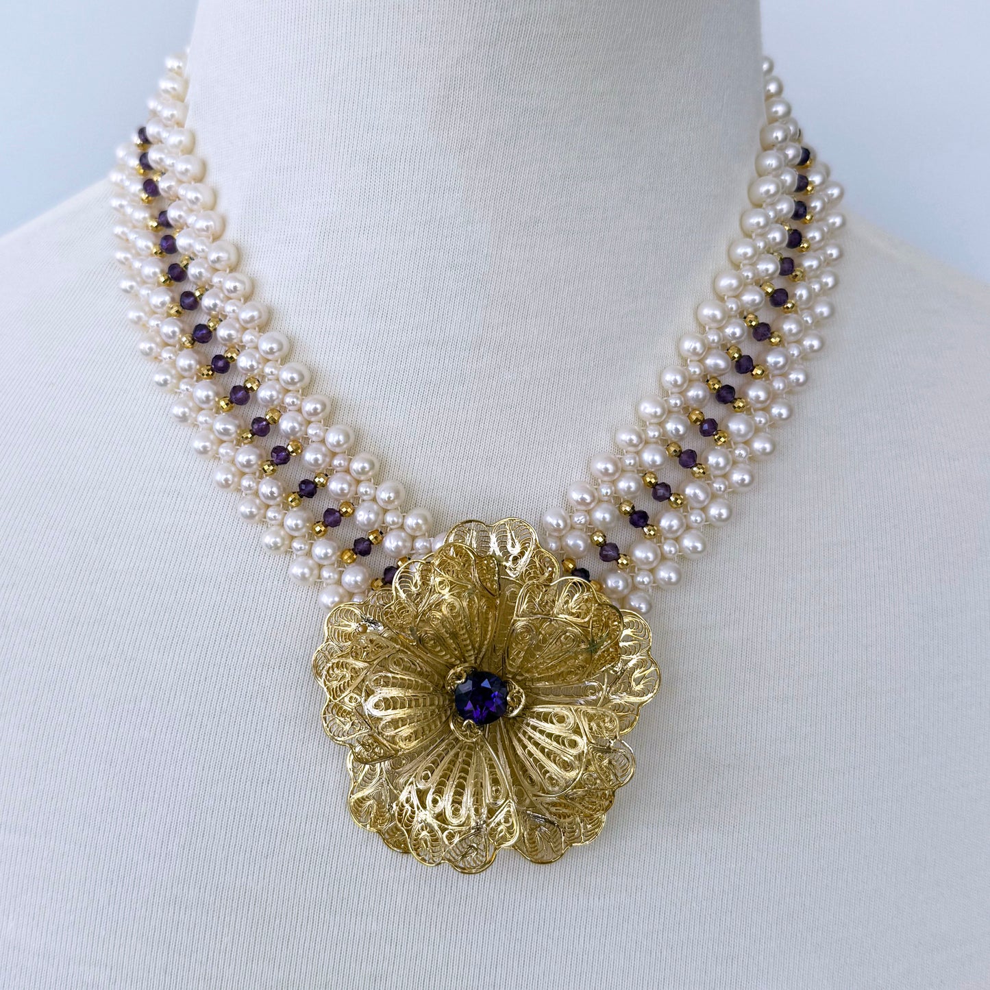 Pearl, Amethyst & 18k Plated Silver Woven Necklace with Floral Centerpiece