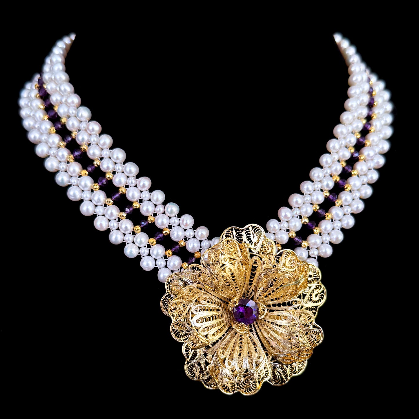 Pearl, Amethyst & 18k Plated Silver Woven Necklace with Floral Centerpiece