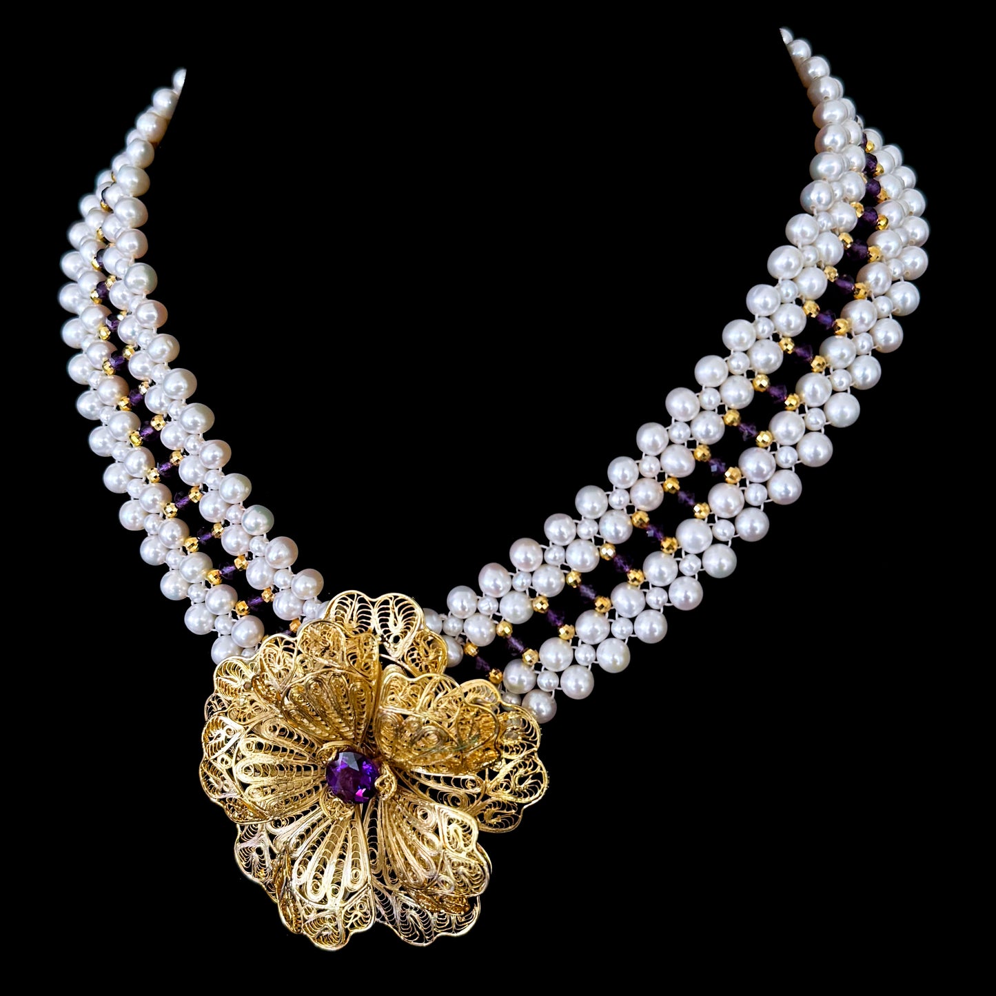 Pearl, Amethyst & 18k Plated Silver Woven Necklace with Floral Centerpiece